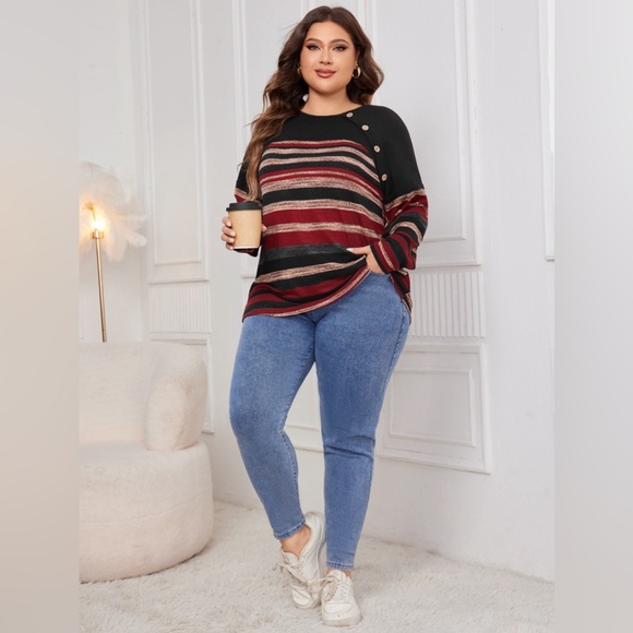 Plus Size Decorative Button Striped Round Neck Long Sleeve T-Shirt - Picture 6 of 7